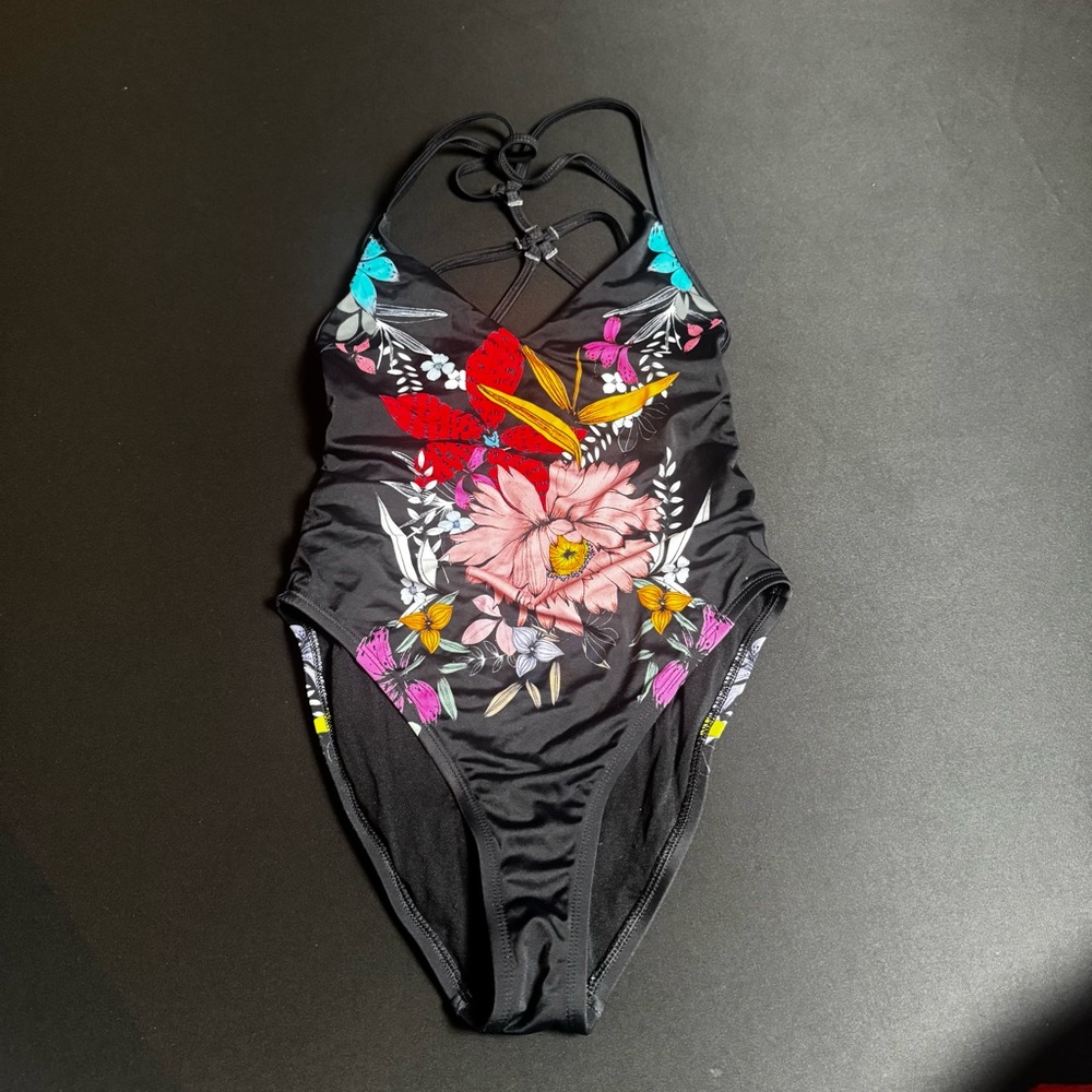 Lulus Black Floral One-Piece Swimsuit Small Coastal Summer